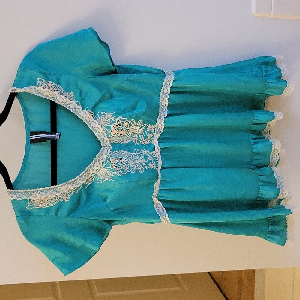 Teal Lace Embroidered Satin Top Boho Top Pitaya Small